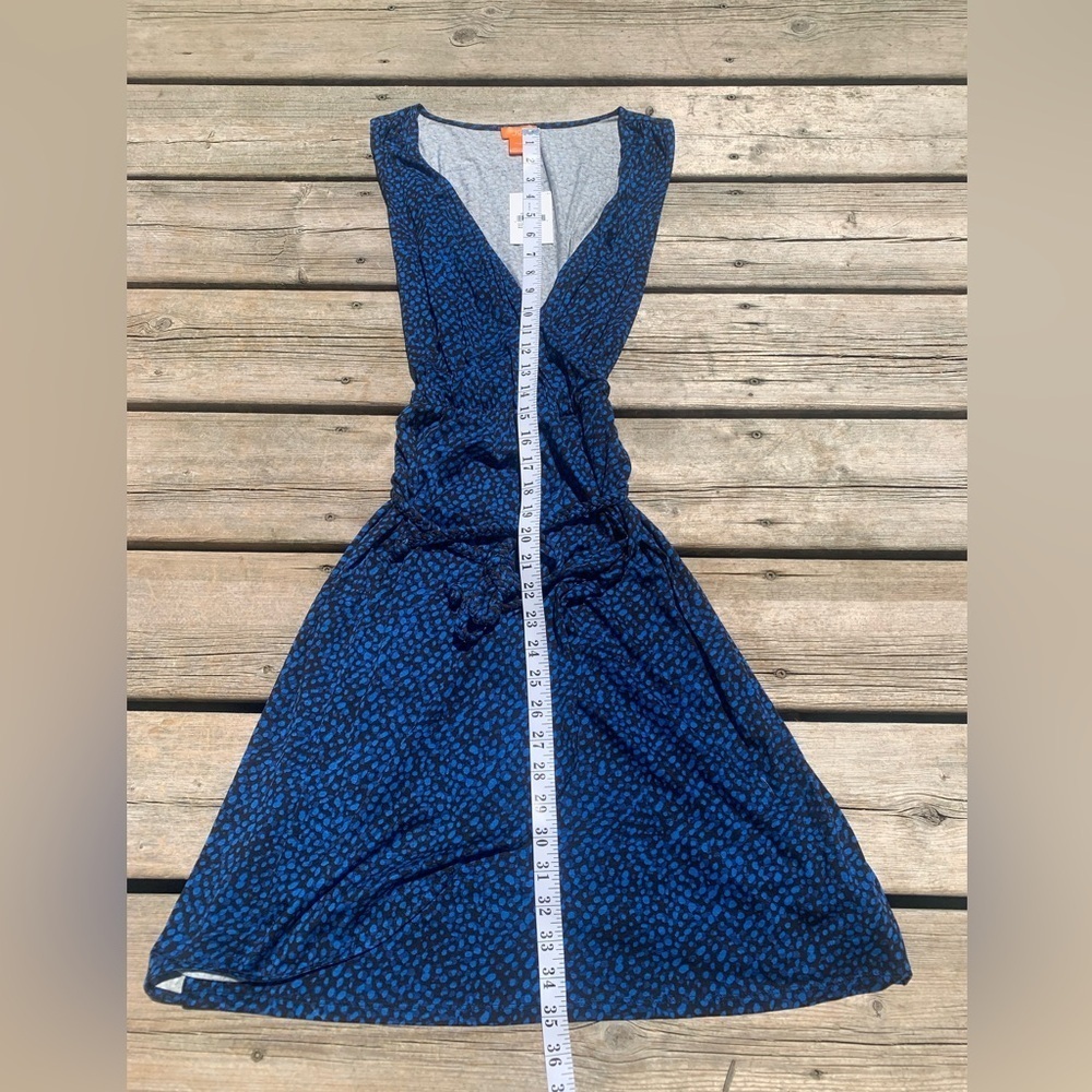 💜 Joe Fresh Blue Black Speckled Ruched V-Neck Sleeveless Dress Size M/M - Picture 5 of 6